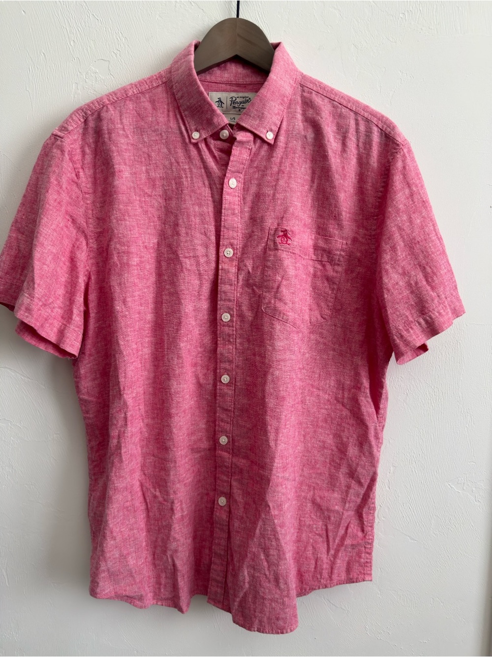 An Original Penguin Men's Pink Linen Blend Short Sleeve Button Down Shirt  L